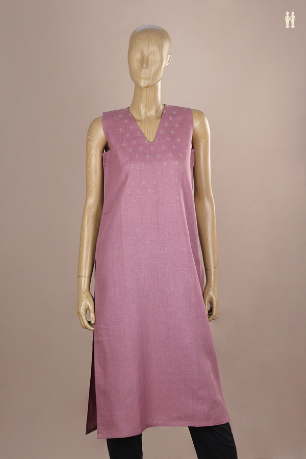 V-Neck Threadwork Buttas Dusty Purple Linen Long Kurta