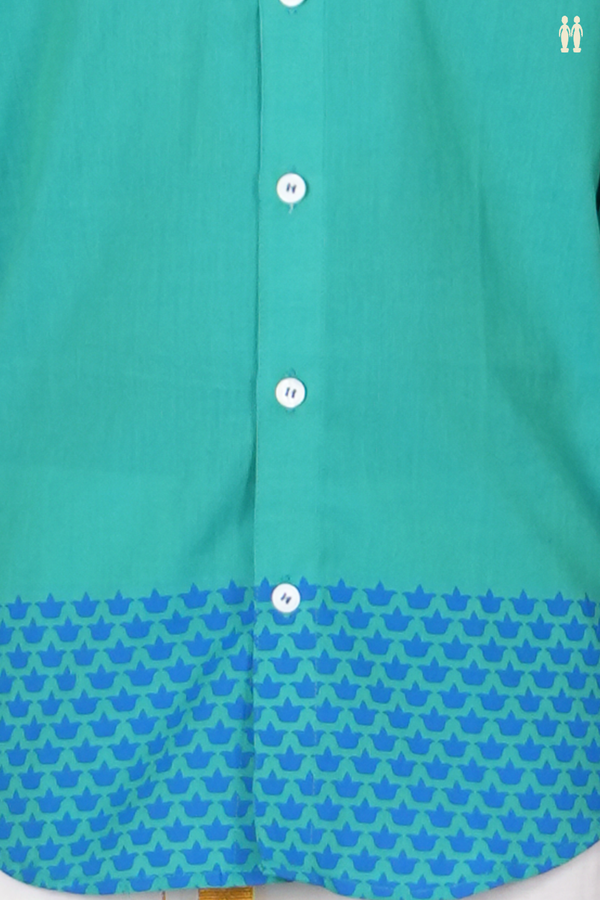 Chinese Collar Printed Deepam Border Bluish Green Cotton Shirt