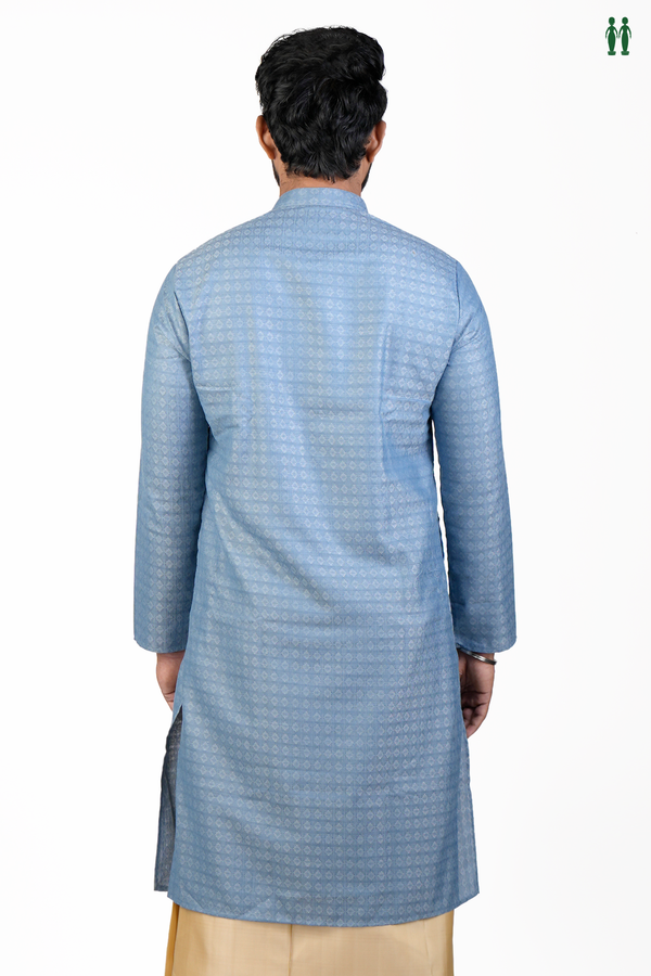 Chinese Collar Threadwork Design Dusty Blue Cotton Long Kurta