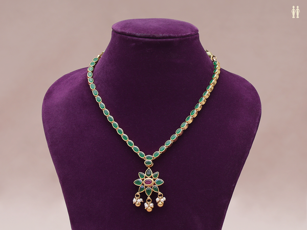 Pink And Green Stone Gold Plated Double Side Silver Necklace