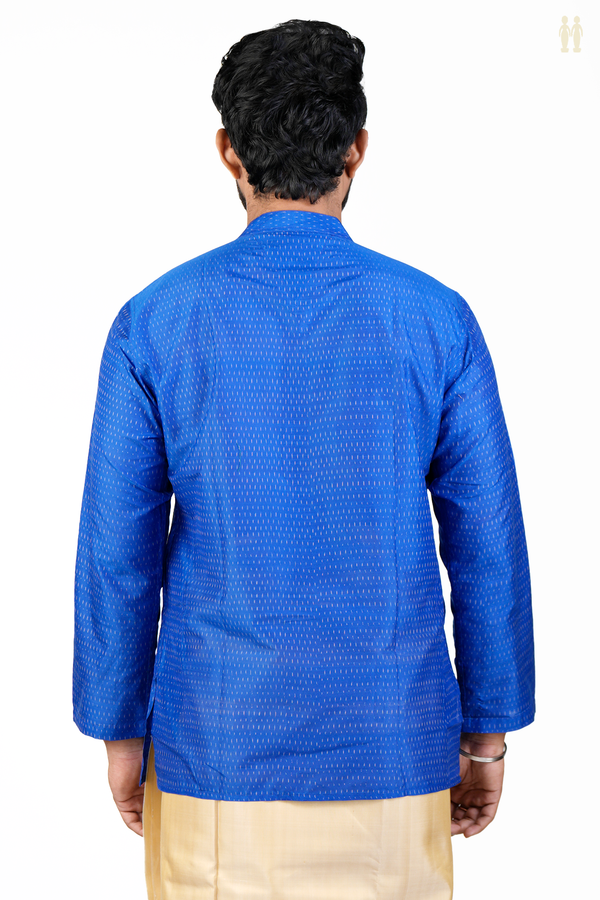 Chinese Collar Printed Design Blue Silk Cotton Short Kurta