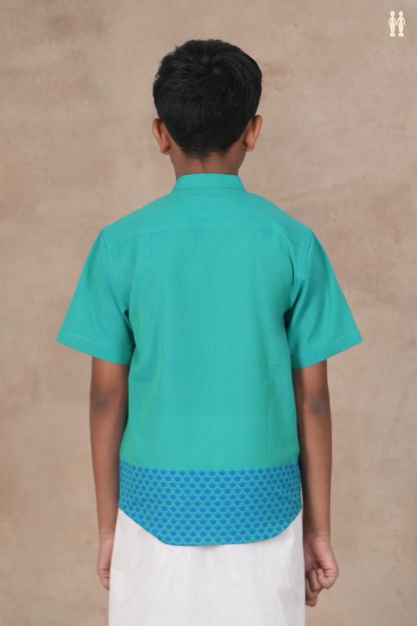 Chinese Collar Printed Deepam Border Bluish Green Cotton Shirt