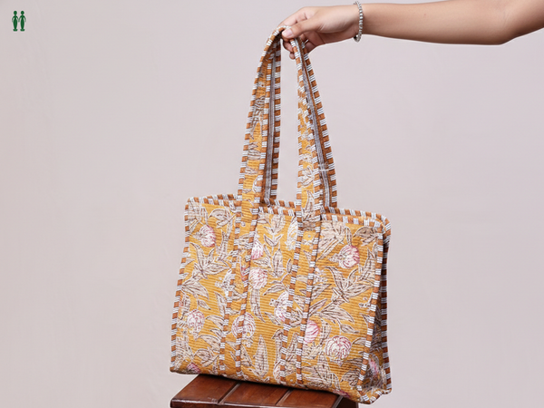 Floral Printed Design Orange Cotton Hand Bag