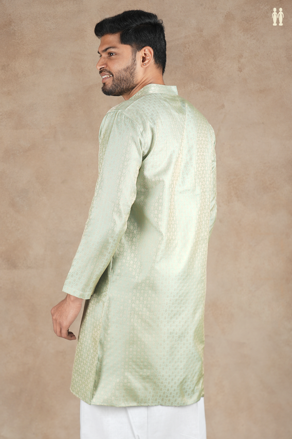 Chinese Collar Threadwork Design Green Semi Banaras Long Kurta