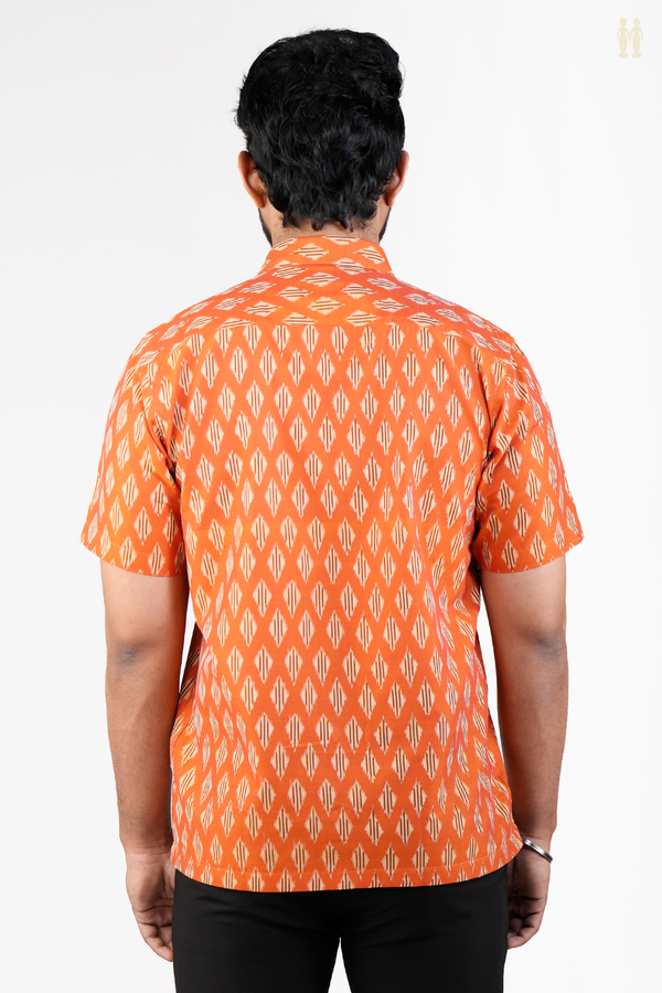 Regular Collar Printed Design Orange Ikat Cotton Shirt