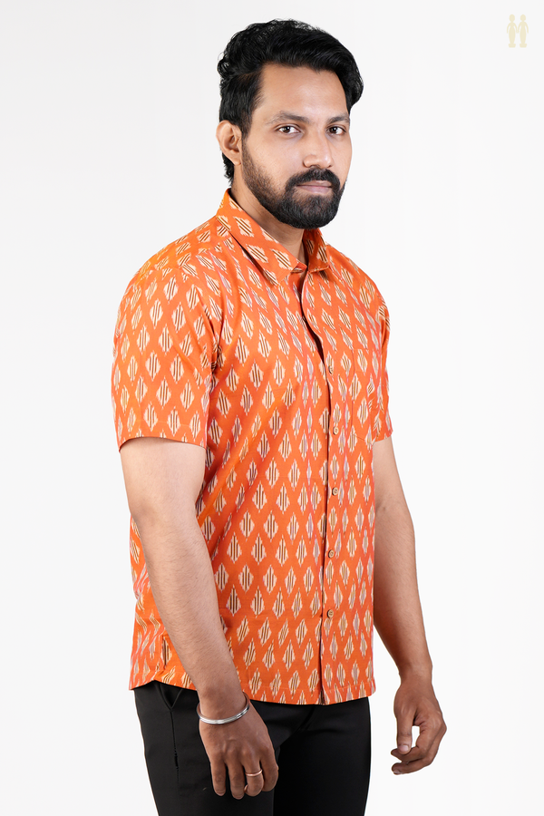 Regular Collar Printed Design Orange Ikat Cotton Shirt