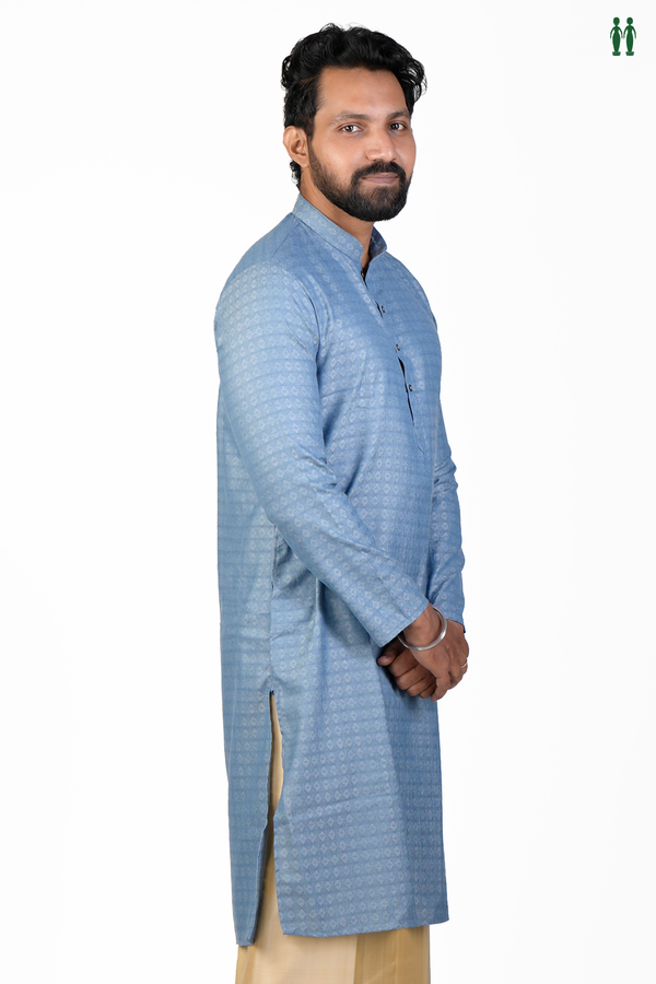 Chinese Collar Threadwork Design Dusty Blue Cotton Long Kurta