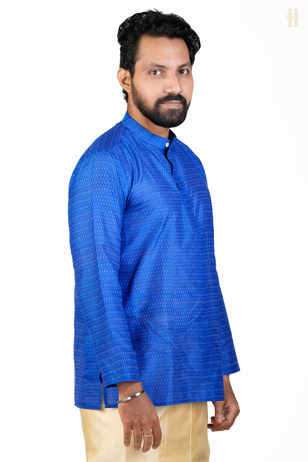 Chinese Collar Printed Design Blue Silk Cotton Short Kurta