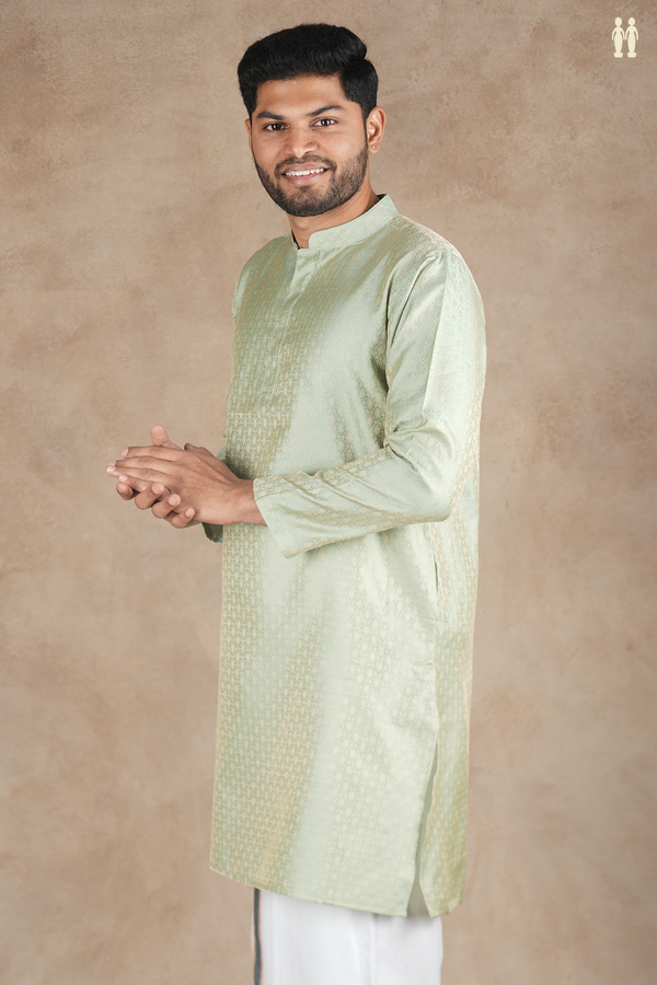 Chinese Collar Threadwork Design Green Semi Banaras Long Kurta