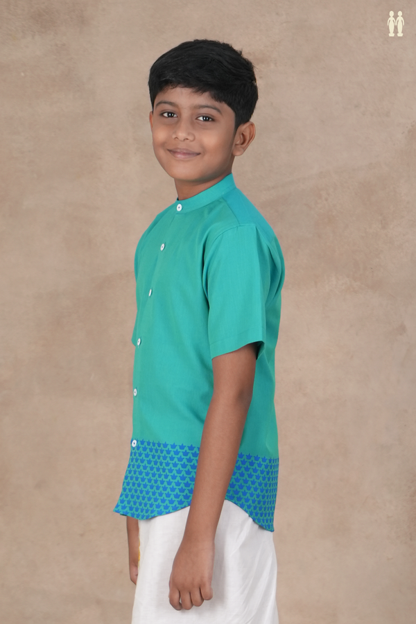 Chinese Collar Printed Deepam Border Bluish Green Cotton Shirt