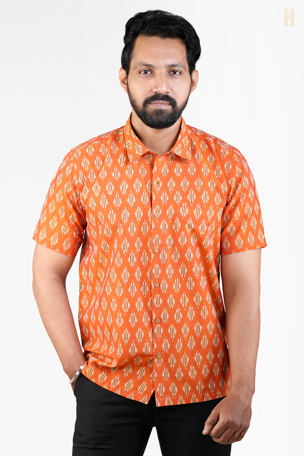 Regular Collar Printed Design Orange Ikat Cotton Shirt