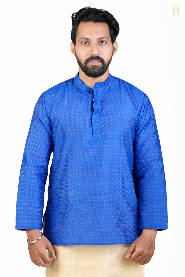 Chinese Collar Printed Design Blue Silk Cotton Short Kurta