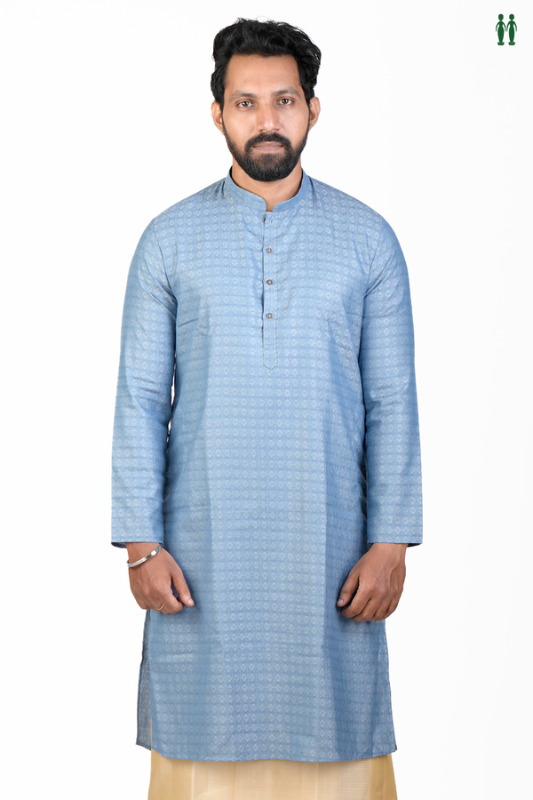 Chinese Collar Threadwork Design Dusty Blue Cotton Long Kurta