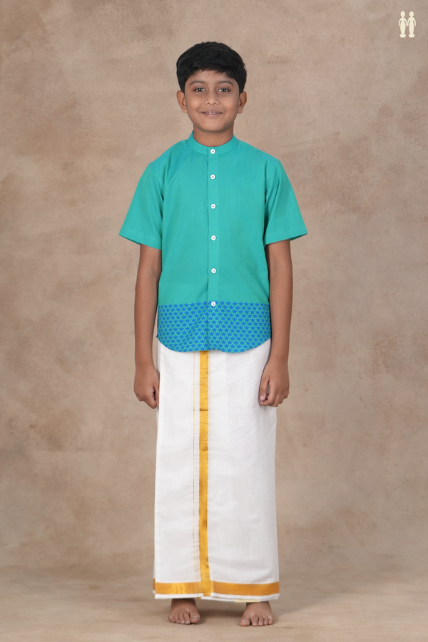 Chinese Collar Printed Deepam Border Bluish Green Cotton Shirt