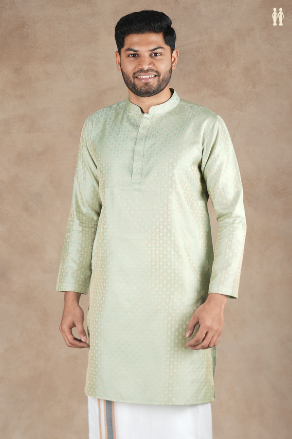 Chinese Collar Threadwork Design Green Semi Banaras Long Kurta