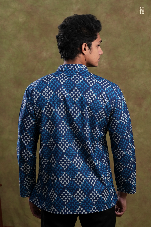 Chinese Collar Allover Design Berry Blue Cotton Short Kurta