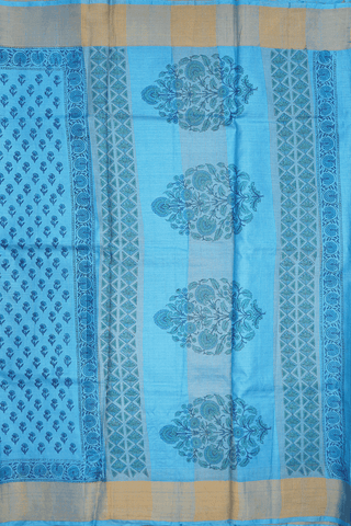 Floral Printed Motifs Deep Sky Blue Tussar Silk Saree