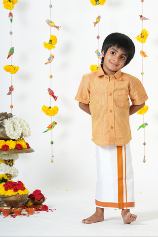 Regular Collar Marigold Orange Cotton Shirt With Velcro Dhoti Set