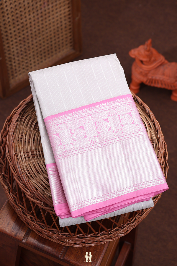 Kanchipuram Silk Saree In Light Grey With Stripes Design