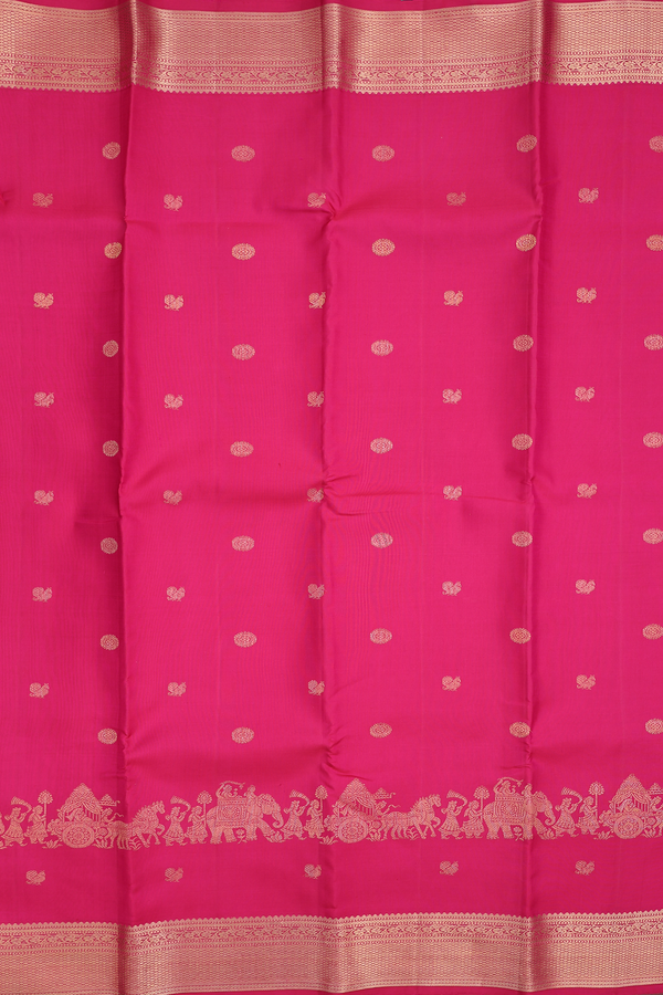 Kanchipuram Silk Saree In Rani Pink With Peacock Buttas