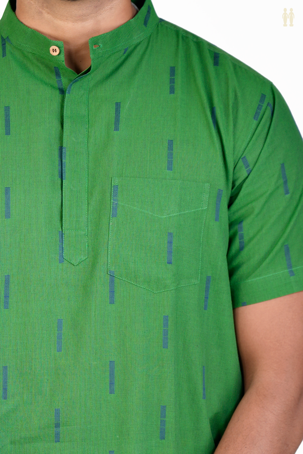 Chinese Collar Stripes Design Green Cotton Short Kurta