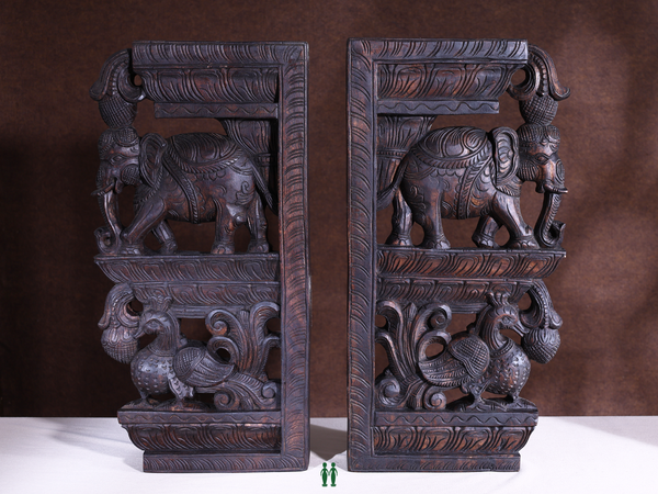 Wooden Elephant With Peacock Set Of 2 Wall Panel For Decor