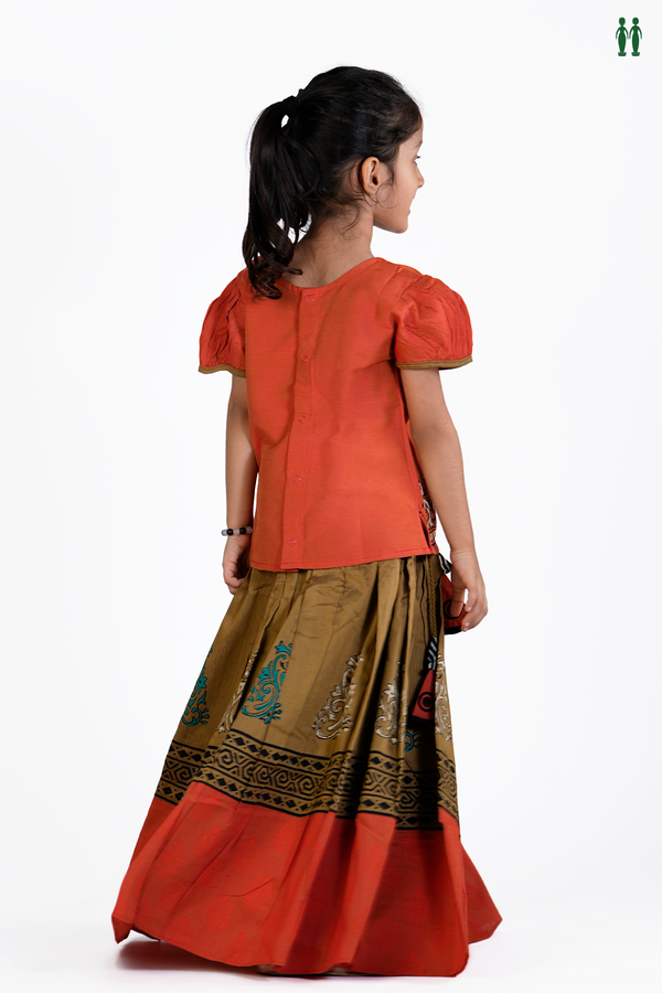 Printed Design Orange And Green Readymade Pavadai Sattai