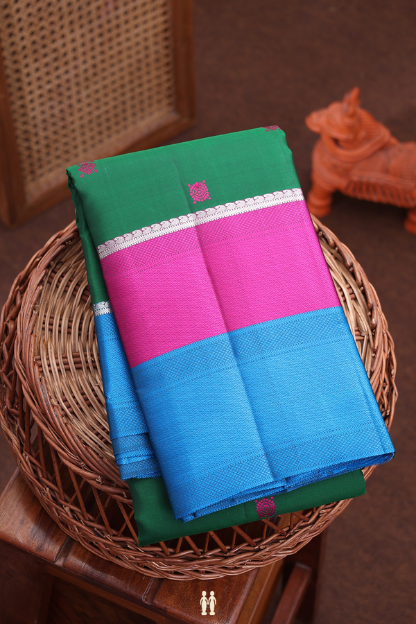 Kanchipuram Silk Saree In Forest Green With Threadwork Buttas