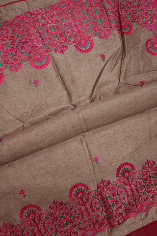 Floral Embroidered Buttis Cocoa Brown Semi Tussar Silk Saree