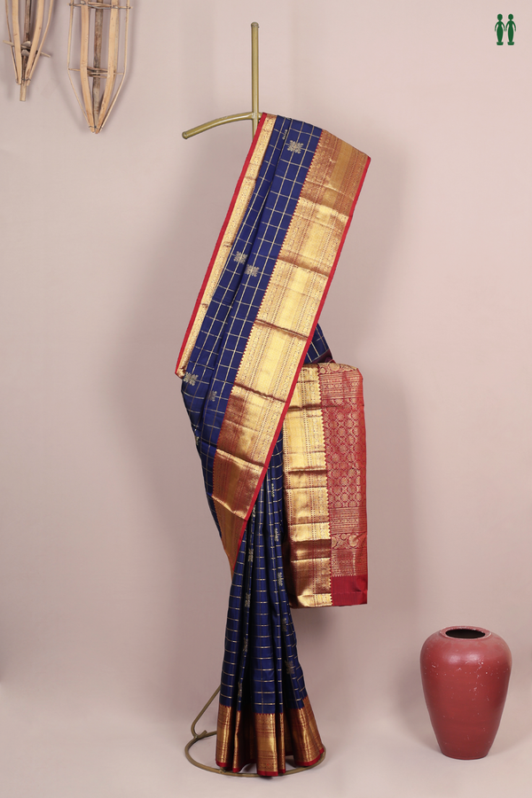 Kanchipuram Silk Saree In Oxford Blue With Checks Design
