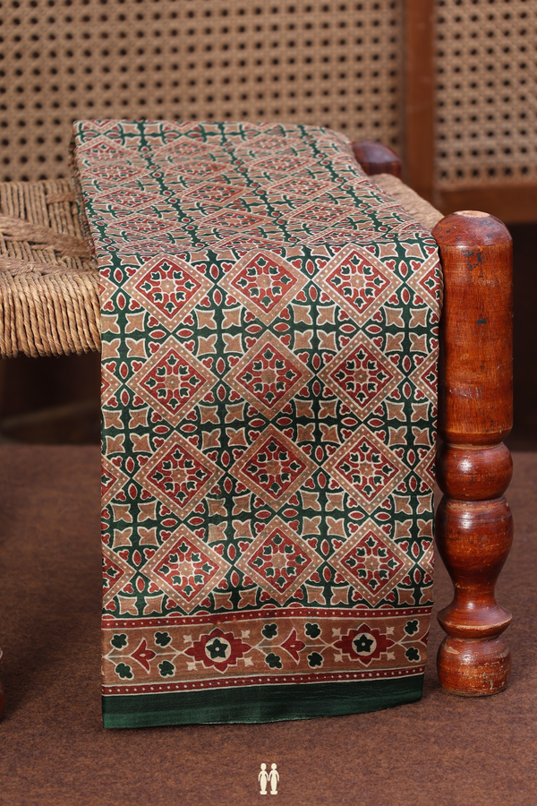 Printed Silk Saree In Green With Diamond Design