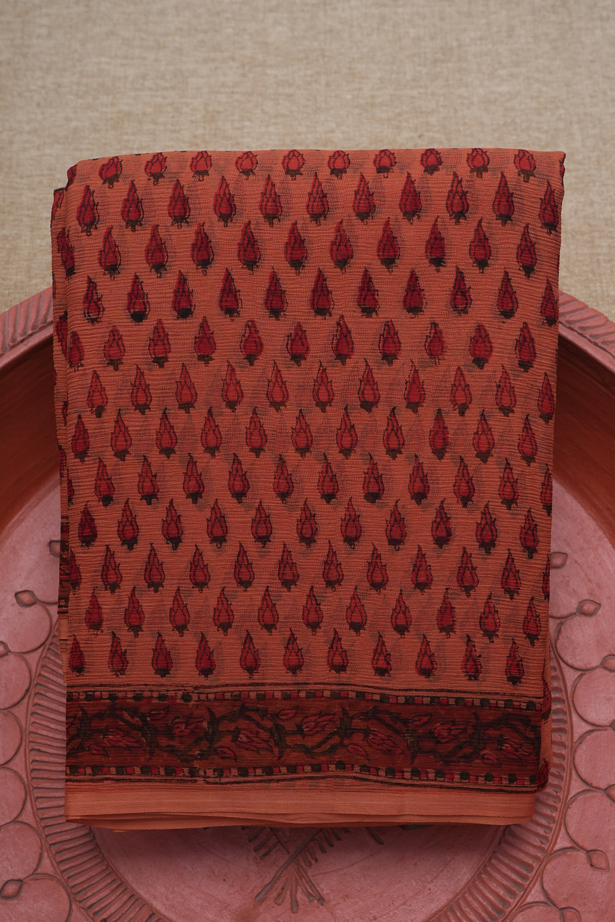 Floral Printed Motifs Brick Red Chiffon Saree