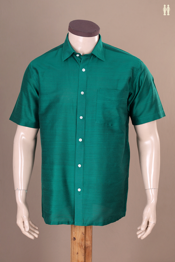 Regular Collar Plain Forest Green Raw Silk Shirt