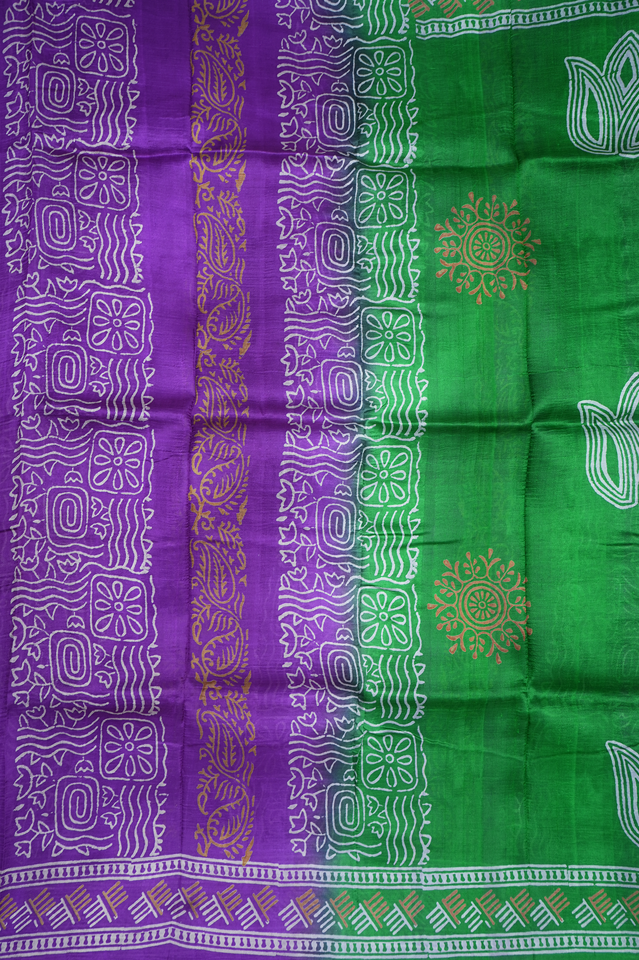 Half And Half Color Green And Purple Printed Silk Saree