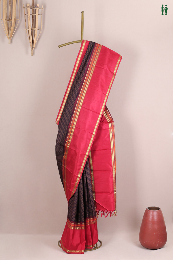 Kanchipuram Silk Saree In Dark Oak Brown With Checks Design