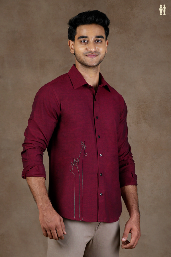 Regular Collar Embroidered Design Burgundy Red Cotton Shirt