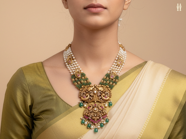 Antique Design With Beads Gold Plated Silver Long Necklace