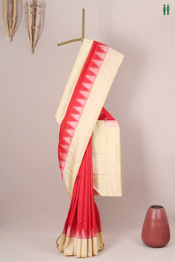 Kanchipuram Silk Saree In Scarlet Red With Temple Border