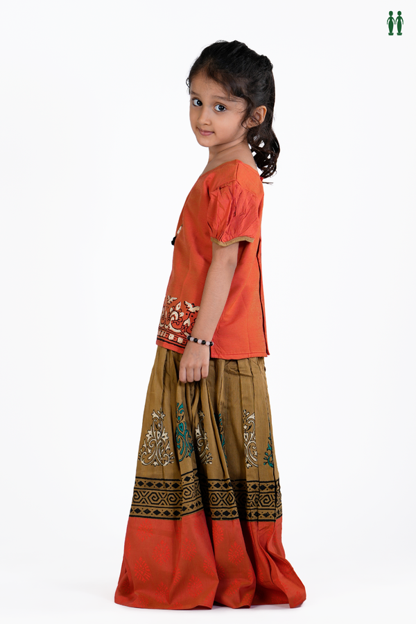 Printed Design Orange And Green Readymade Pavadai Sattai