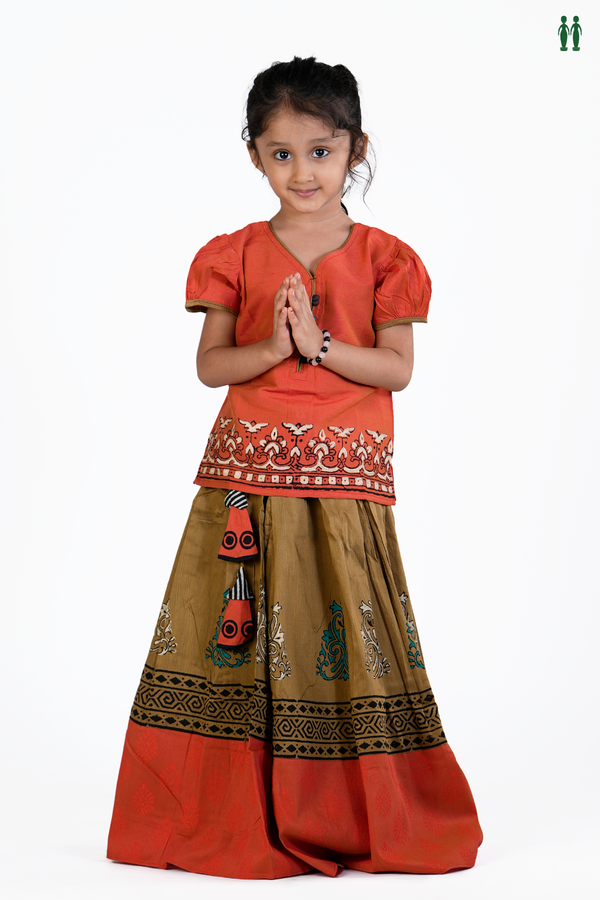 Printed Design Orange And Green Readymade Pavadai Sattai