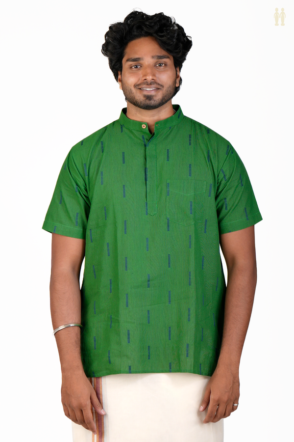 Chinese Collar Stripes Design Green Cotton Short Kurta