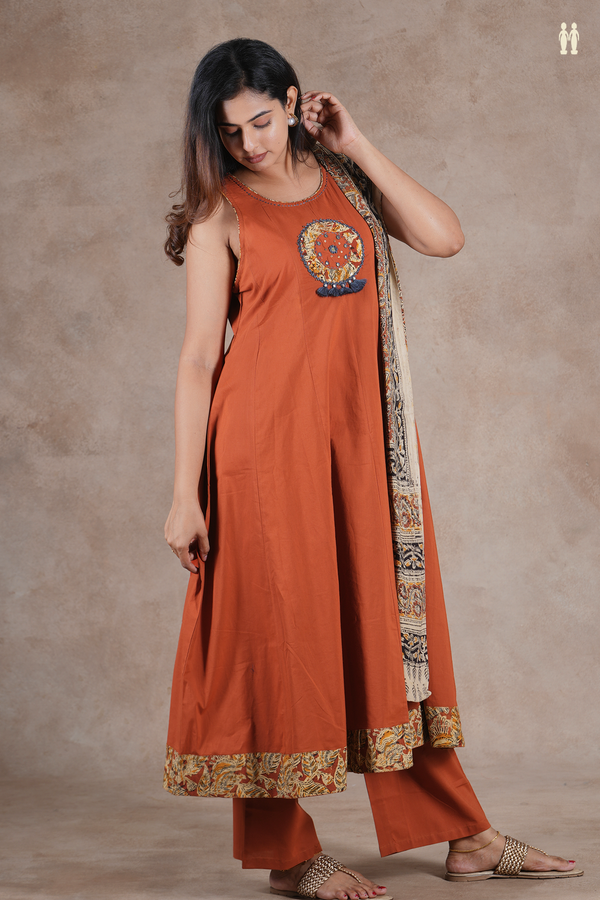 Round Neck Plain Copper Orange Cotton Salwar Set