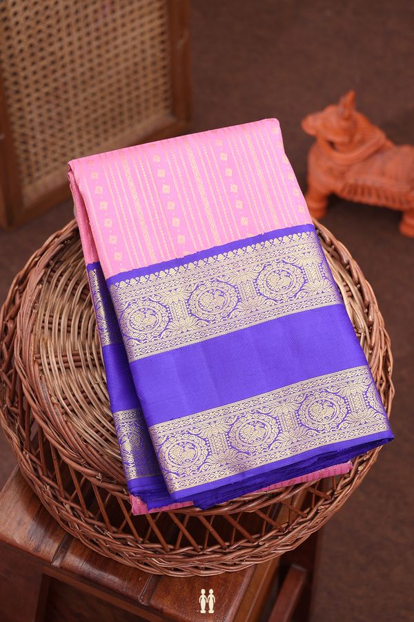 Kanchipuram Silk Saree In Lotus Pink With Stripes Design