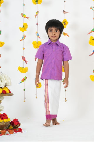 Regular Collar Purple Cotton Shirt With Velcro Dhoti Set