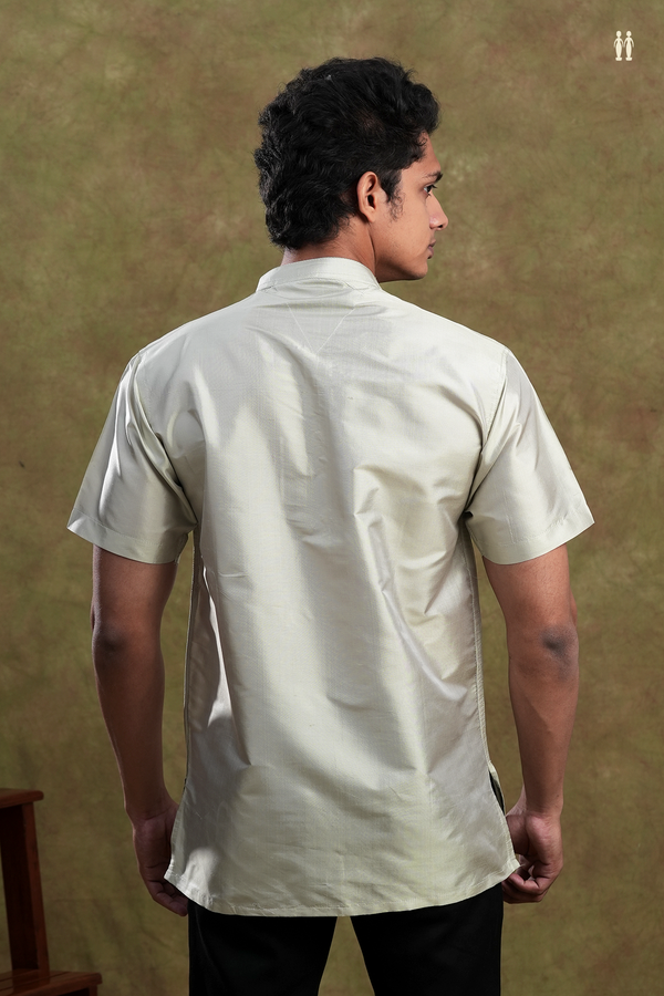 Chinese Collar Plain Green Beige Silk Short Kurta