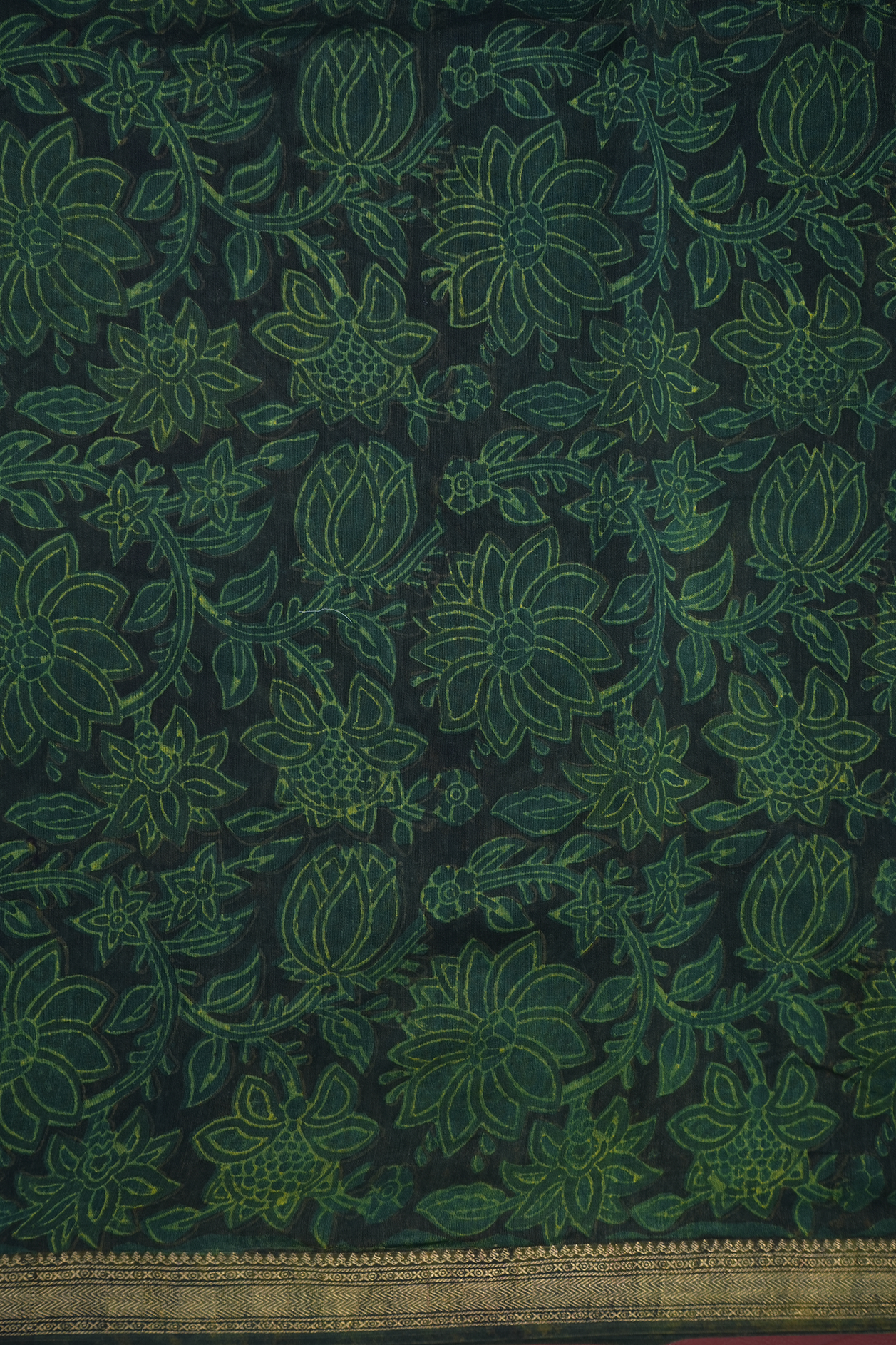 Allover Floral Printed Dark Green Chanderi Silk Cotton Saree