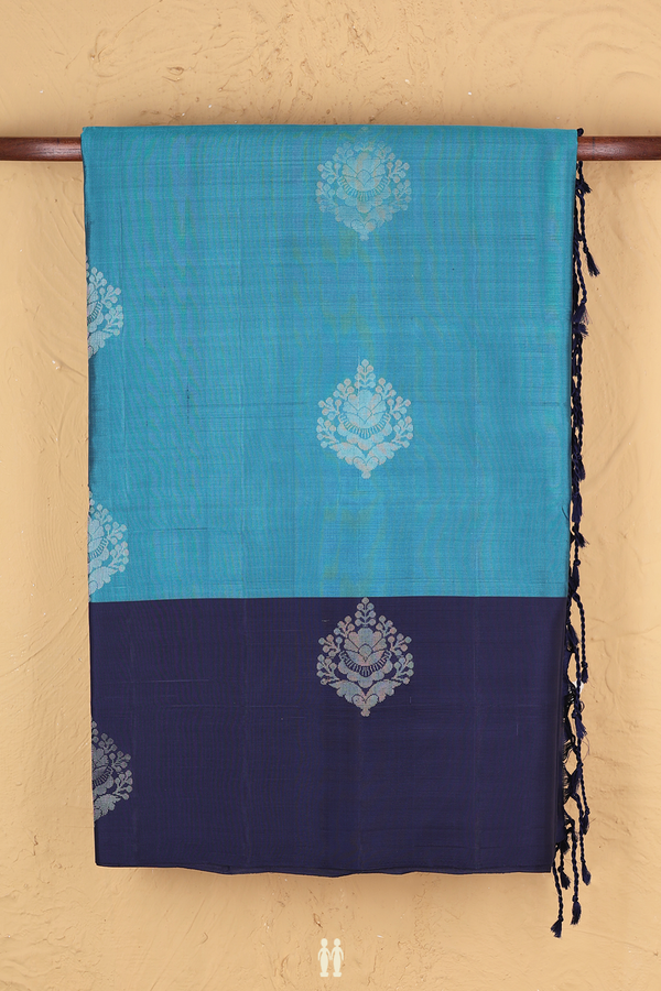 Soft Silk Saree In Cerulean Blue With Floral Motifs