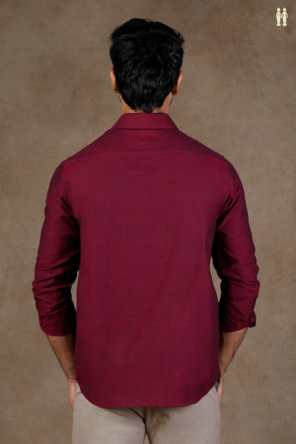 Regular Collar Embroidered Design Burgundy Red Cotton Shirt