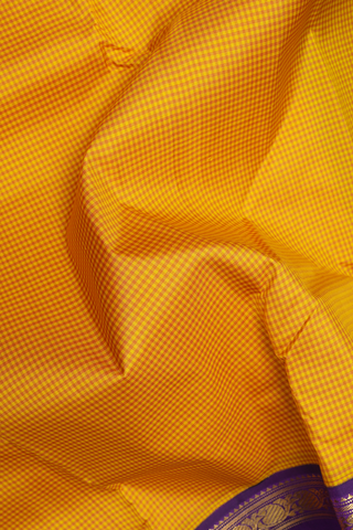 Self Checked Design Saffron Yellow Kanchipuram Silk Saree