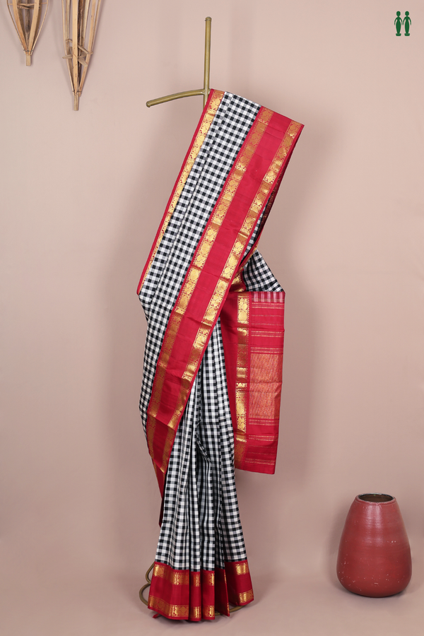Kanchipuram Silk Saree In Black And White With Checks Design